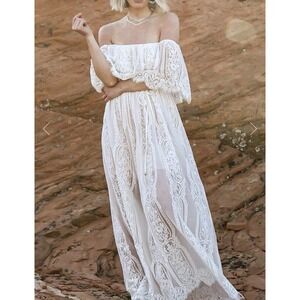 Baltic Born Caroline Lace Maxi Dress Off Shoulder Bohemian Off White Large